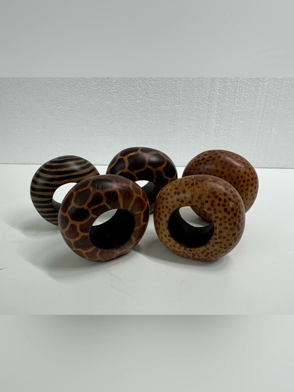 Vintage Hand Carved Mahogany Animal Print Wooden Napkin Rings- Set Of 5